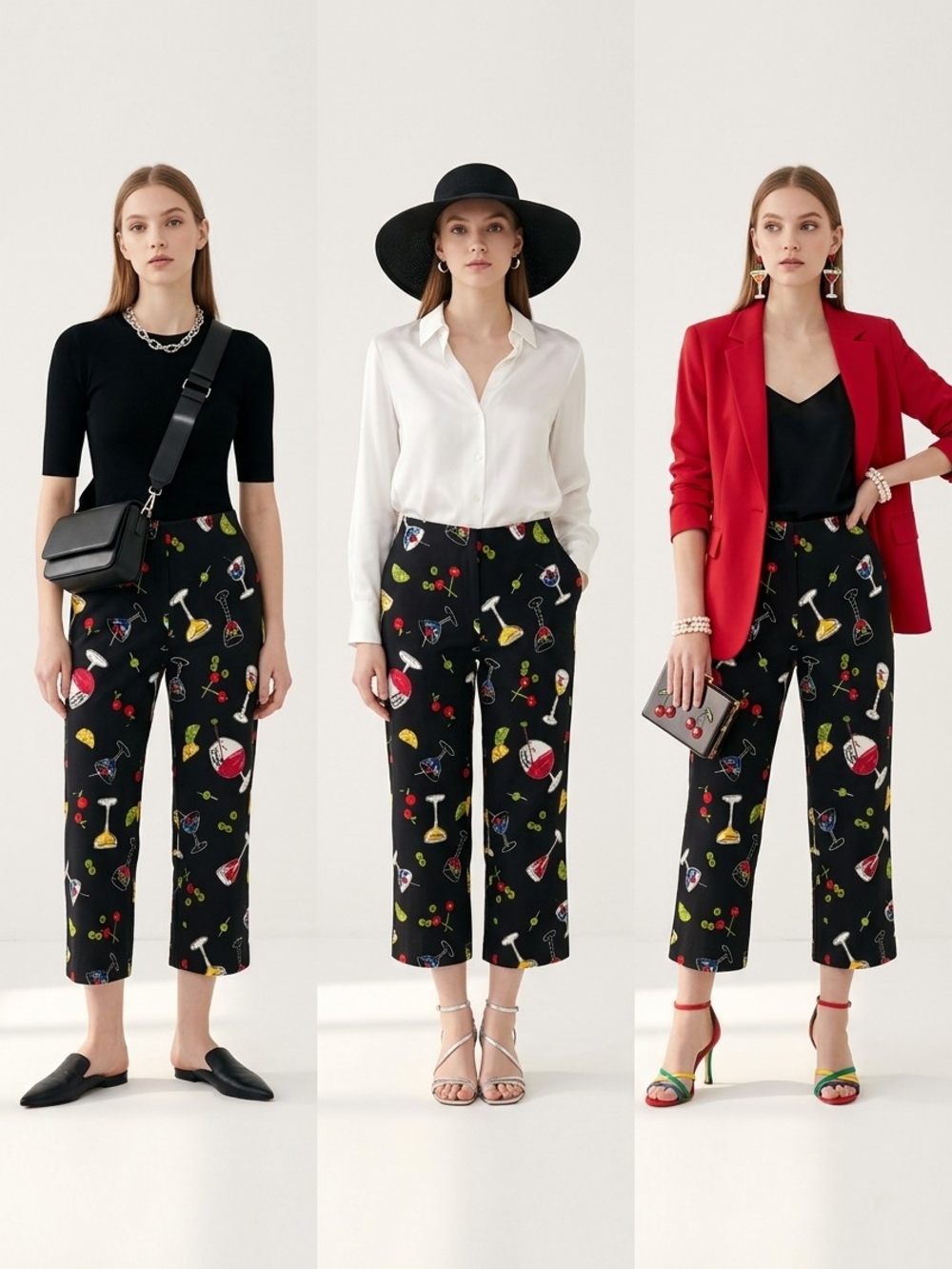Briggs New York Black Cropped Wide-Leg Cocktail Print Pants